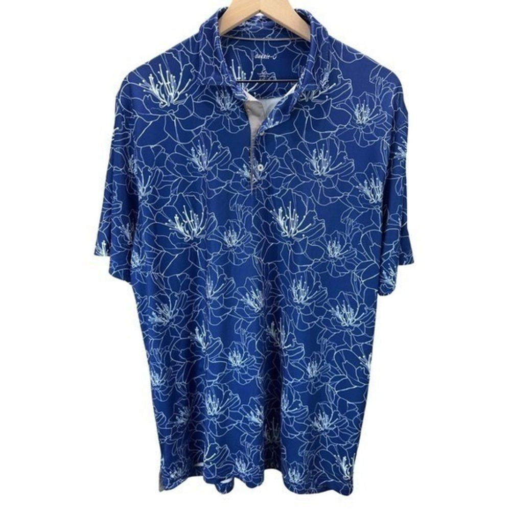 Johnnie-O Mens Size L Golf Polo Blue Floral Print Performance Active Resortwear